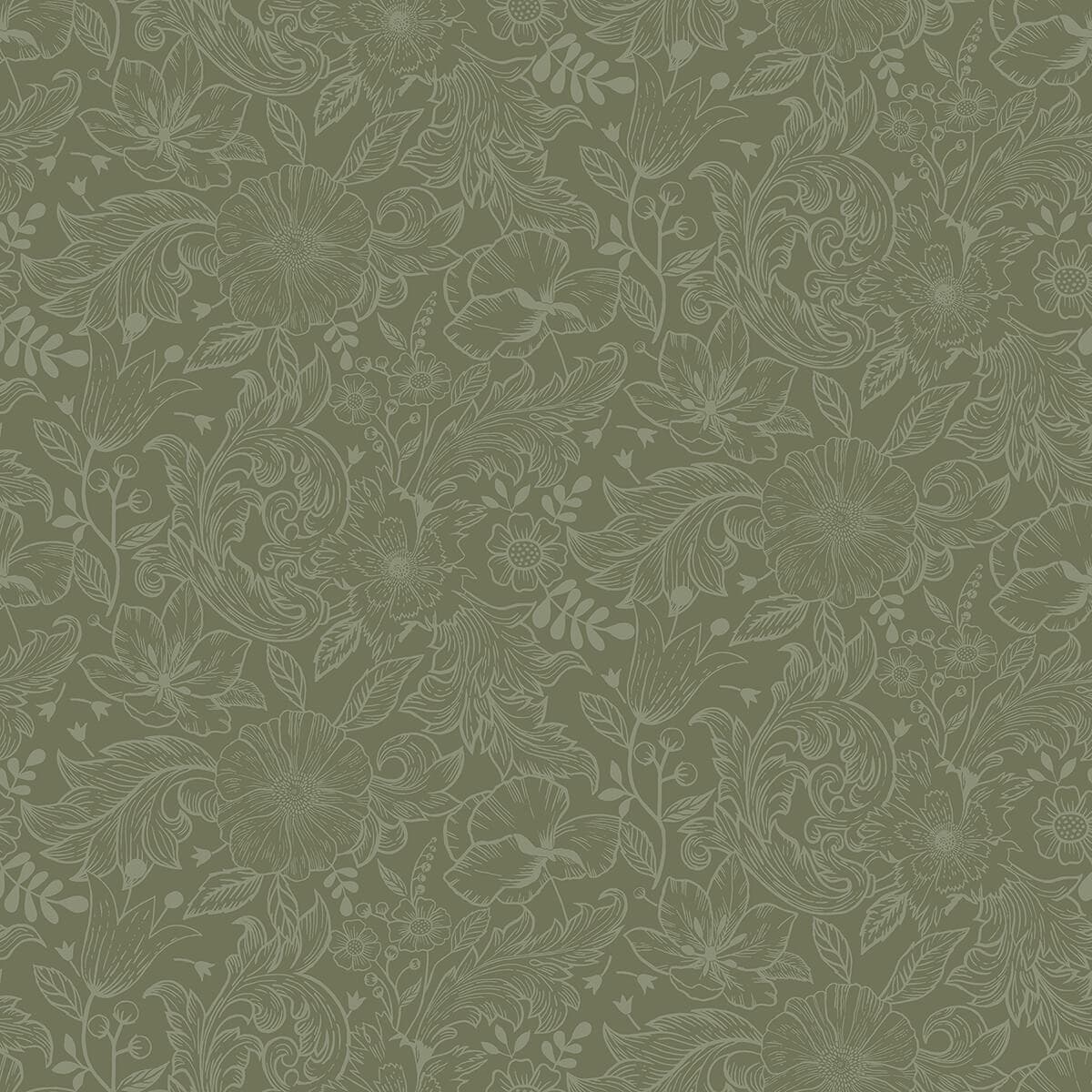 Wilma Green Floral Block Print Wallpaper