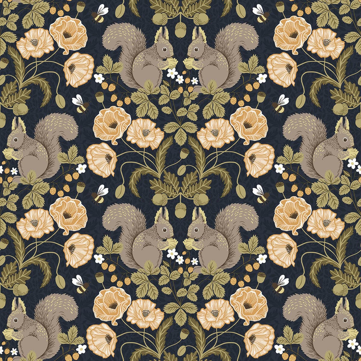 Kurre Dark Blue Woodland Damask Wallpaper