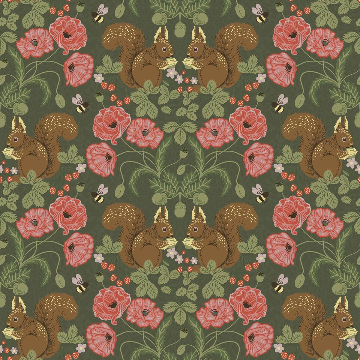 Kurre Dark Green Woodland Damask Wallpaper