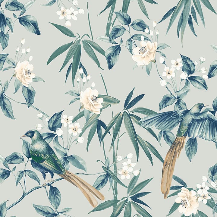 Suzume Teal Birds and Blooms Wallpaper- Arthouse