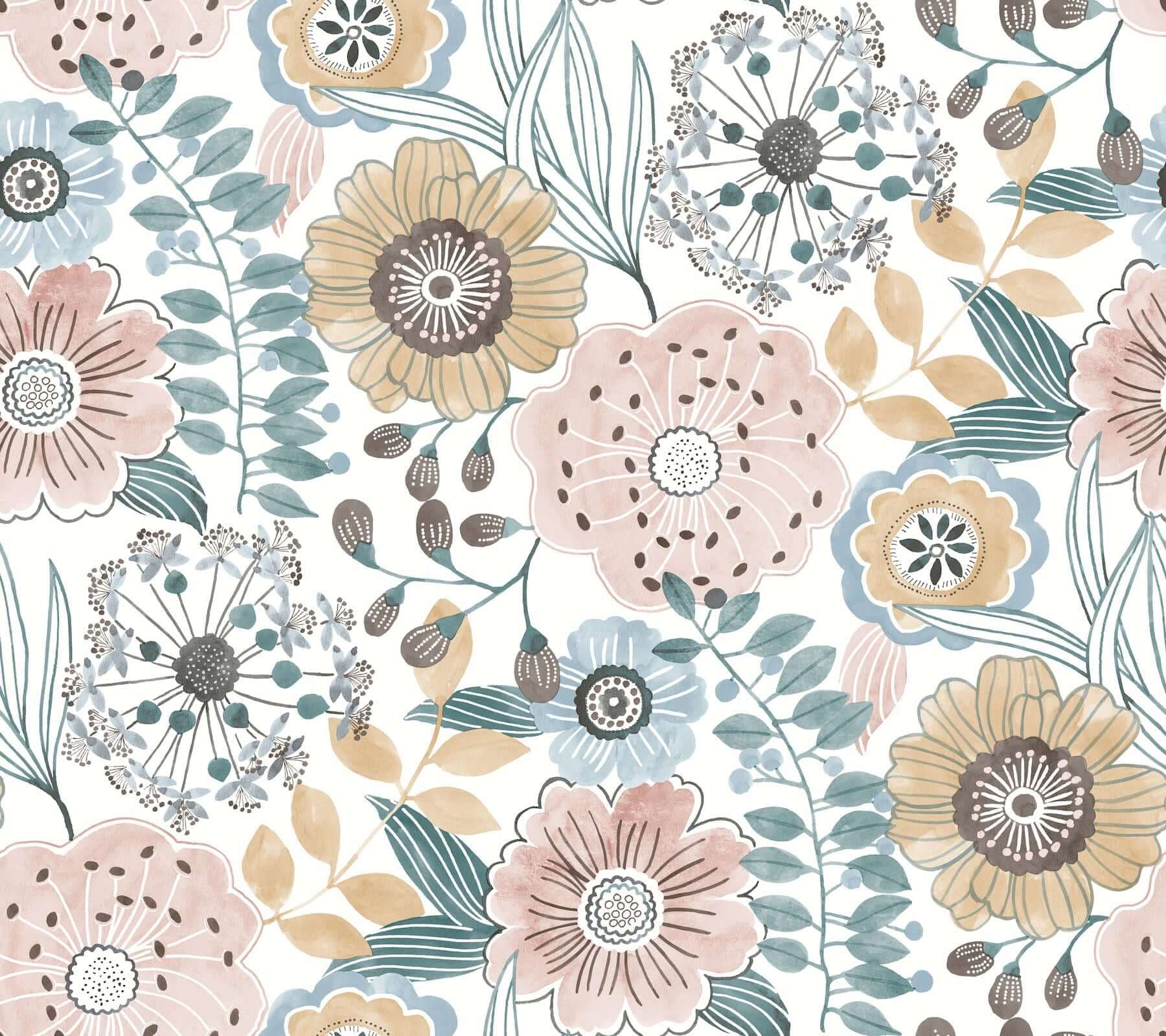 Artistic Bouquet Wallpaper- Ochre & Ocean
