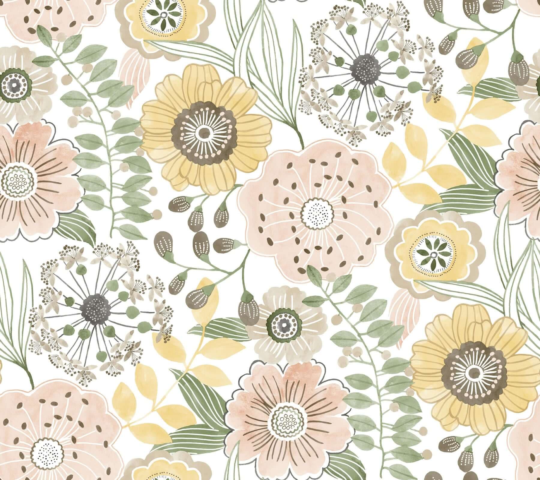 Artistic Bouquet Wallpaper- Coral & Lemon
