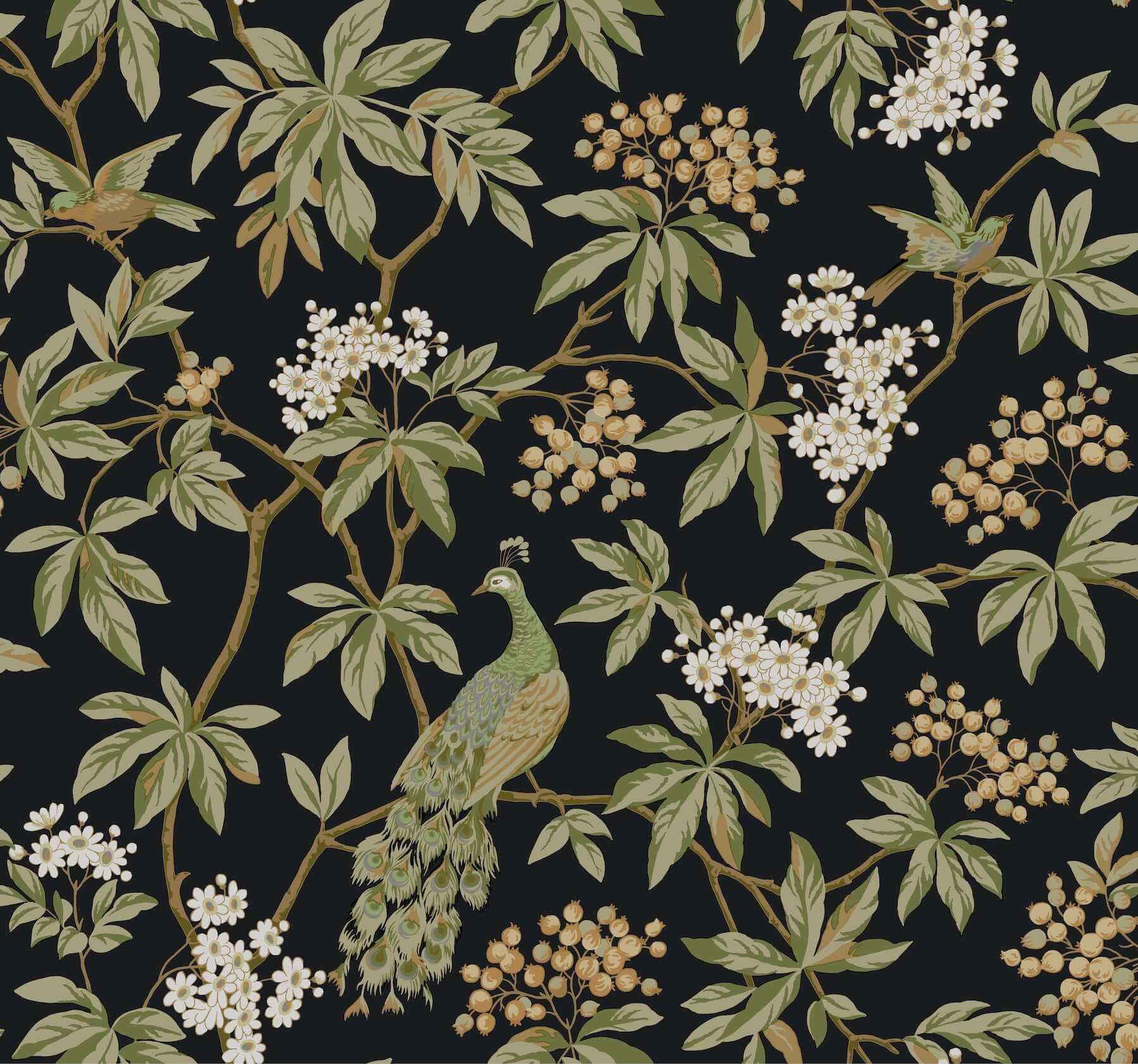 Peacock Estate Wallpaper- Black