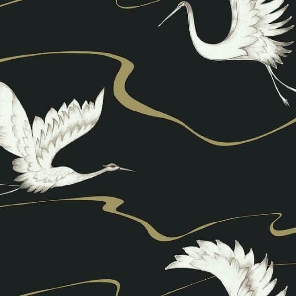 Soaring Cranes Wallpaper- Black/Gold