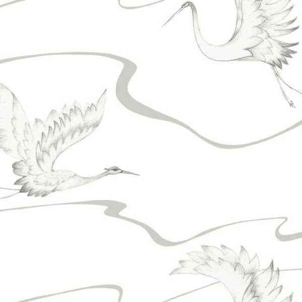 Soaring Cranes Wallpaper- White/Warm Silver