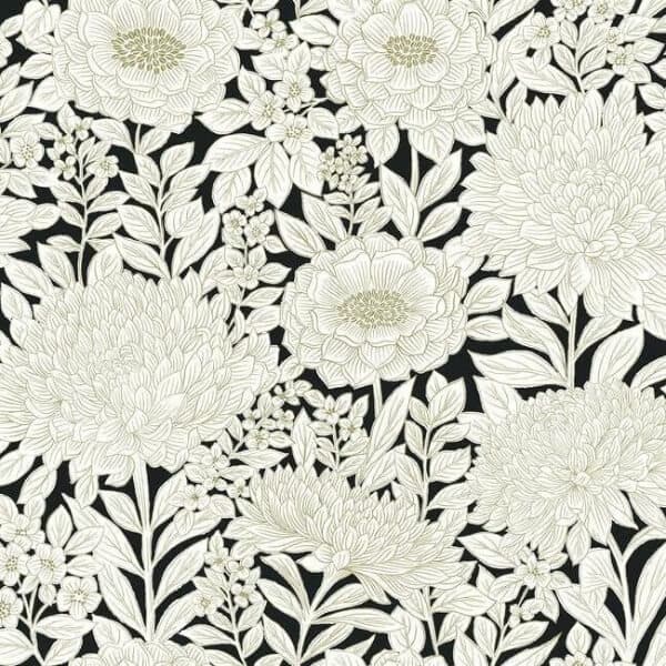 Wood Block Blooms Wallpaper- Black/Gold