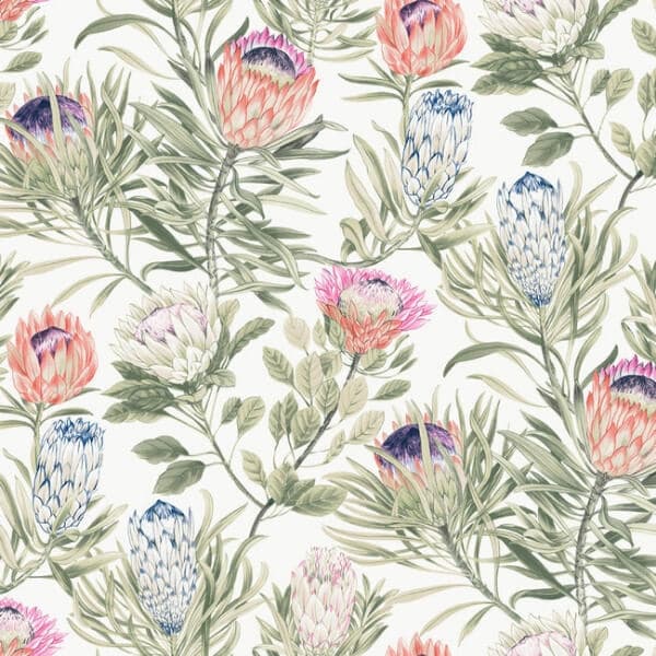 Protea Wallpaper- White/Fuchsia