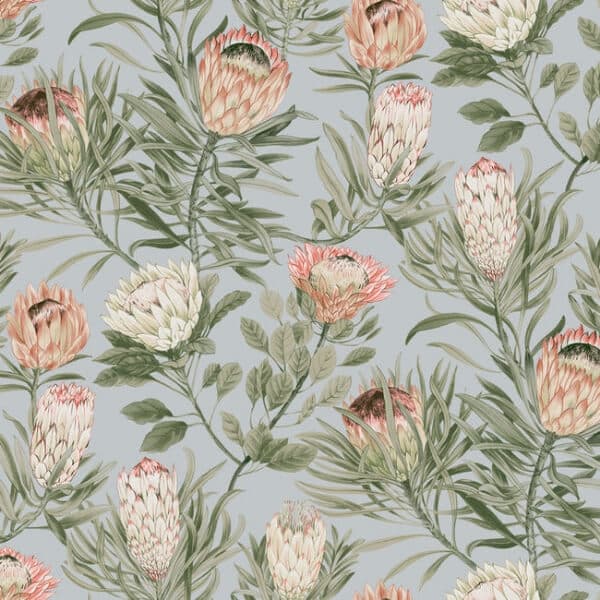 Protea Wallpaper- Dusty Blue/Coral