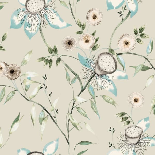 Dream Blossom Wallpaper- Taupe/Aqua