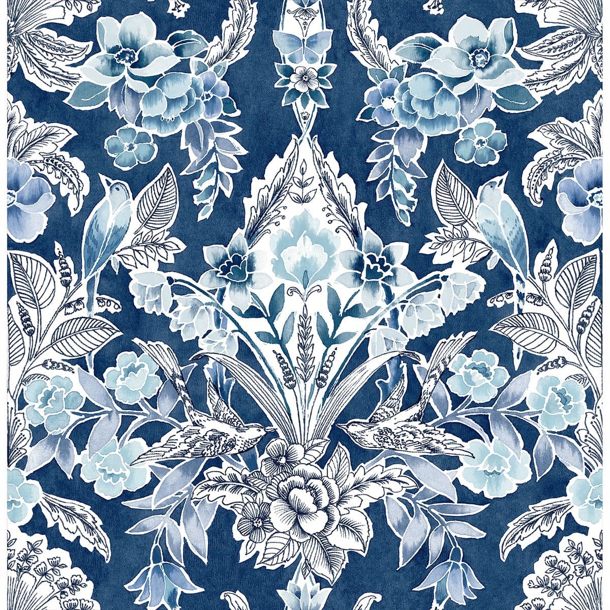 Vera Blue Floral Damask Wallpaper