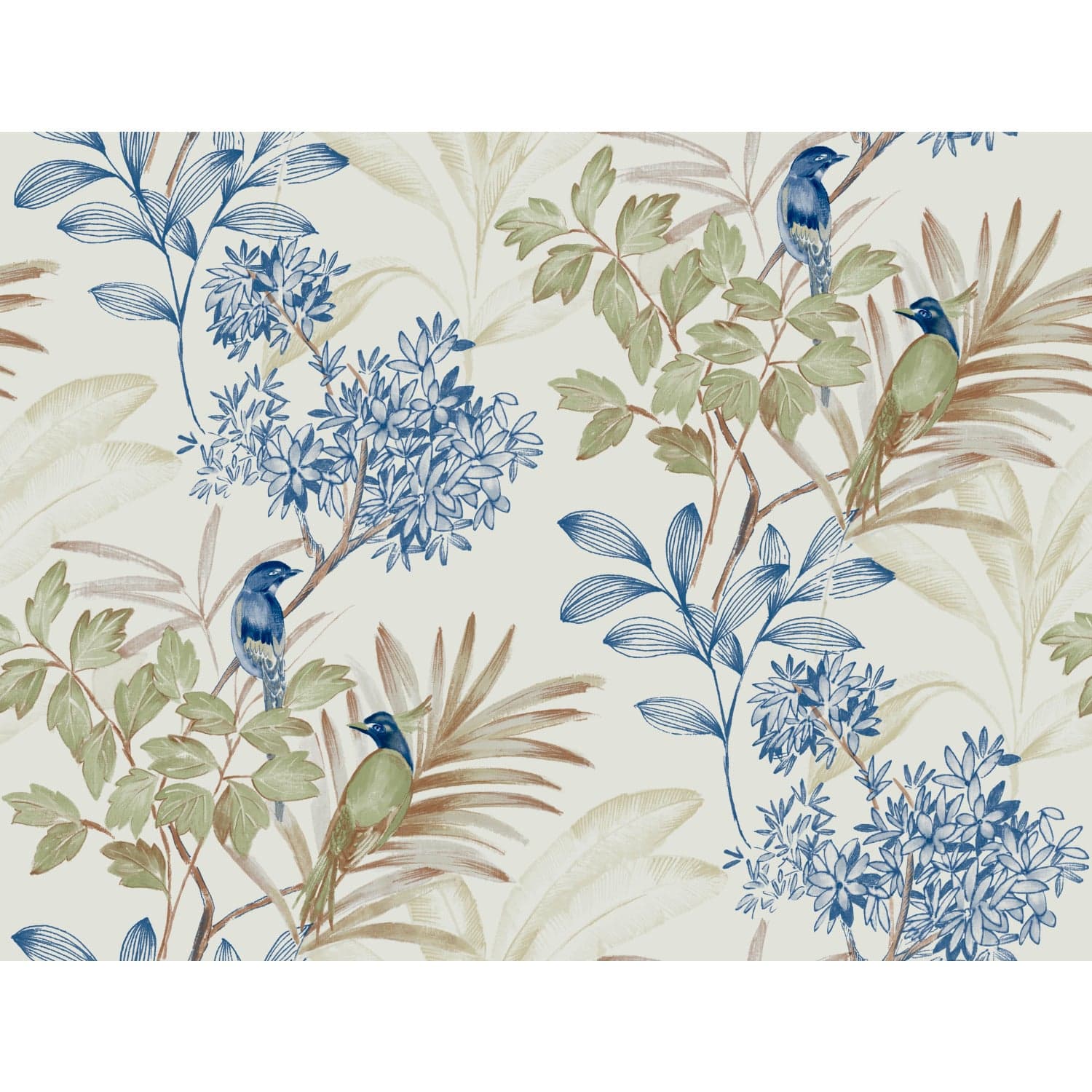 Handpainted Songbird Green/Blue Wallpaper