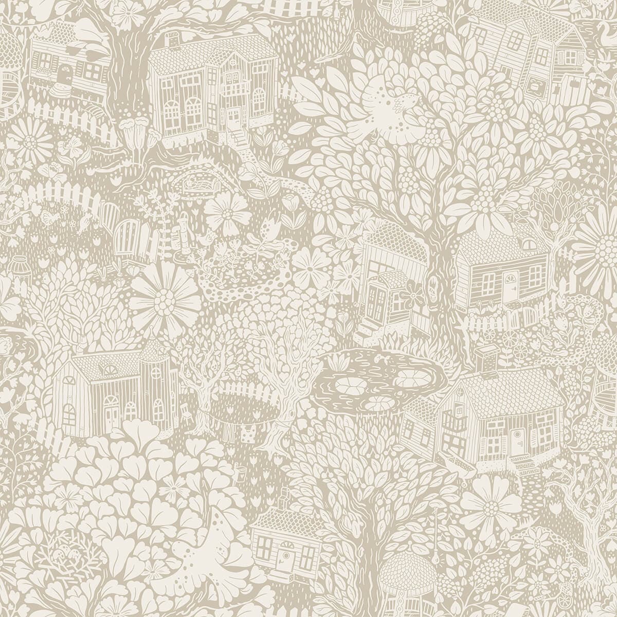 Bygga Bo Light Grey Woodland Village Wallpaper