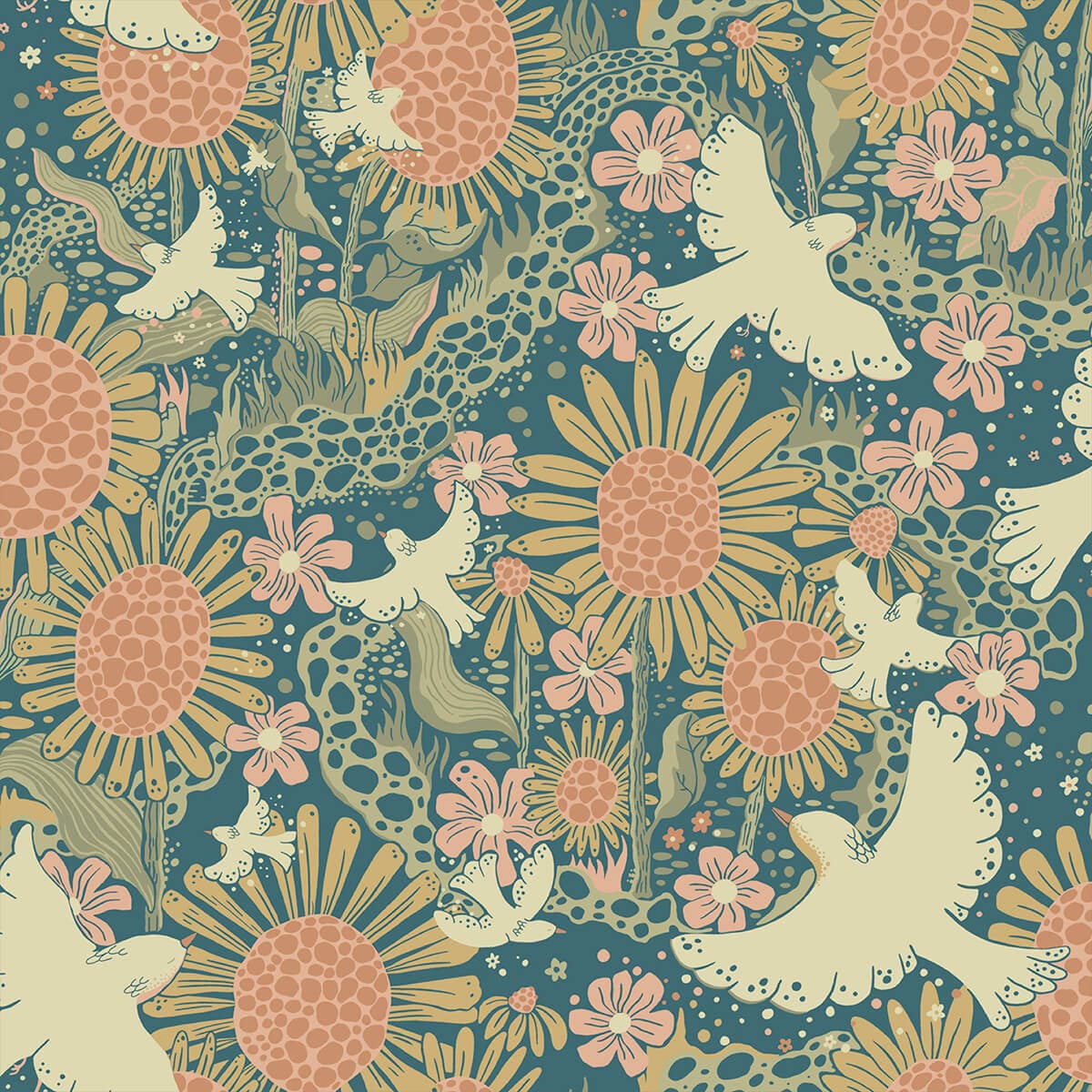 Drömma Teal Songbirds and Sunflowers Wallpaper