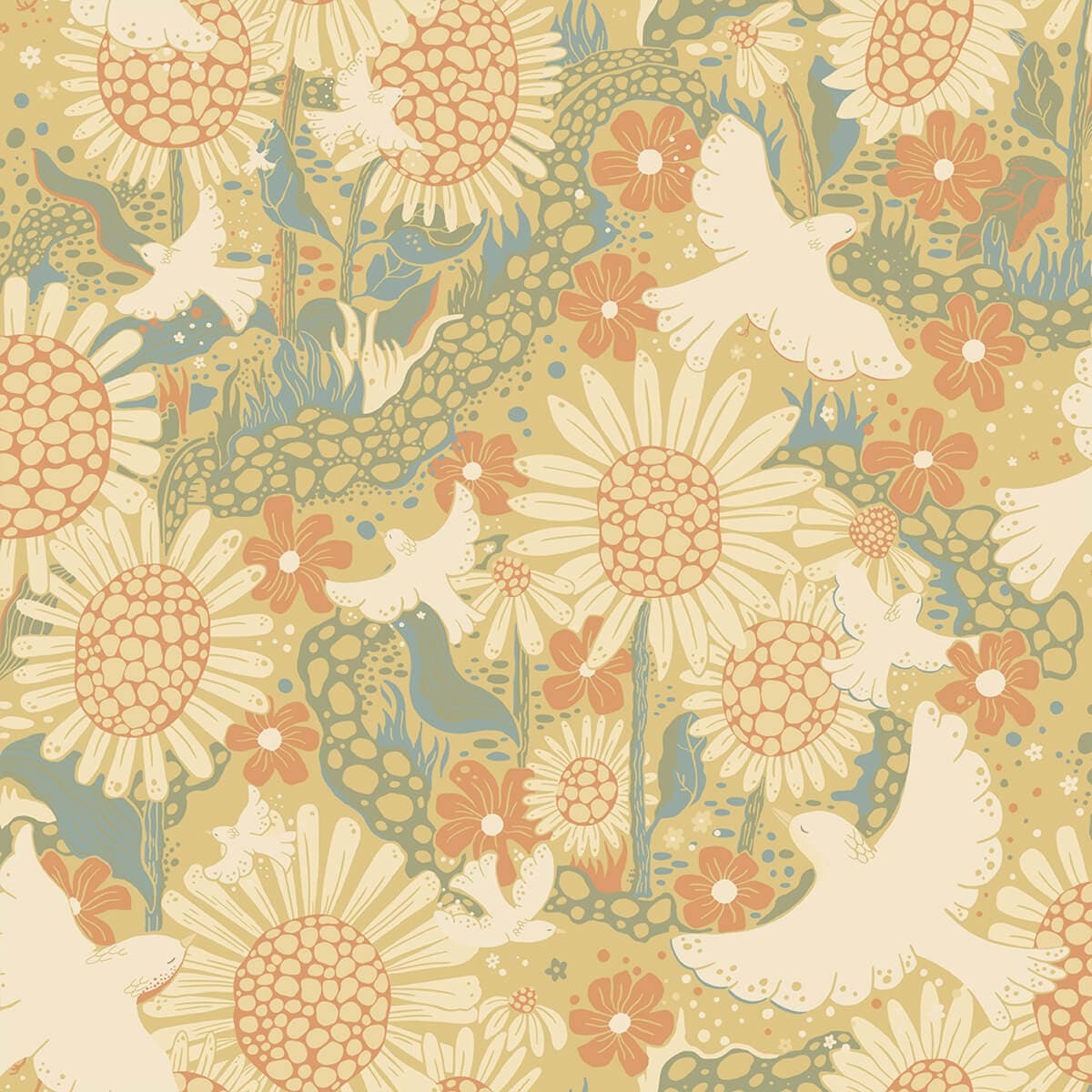 Drömma Coral Songbirds and Sunflowers Wallpaper