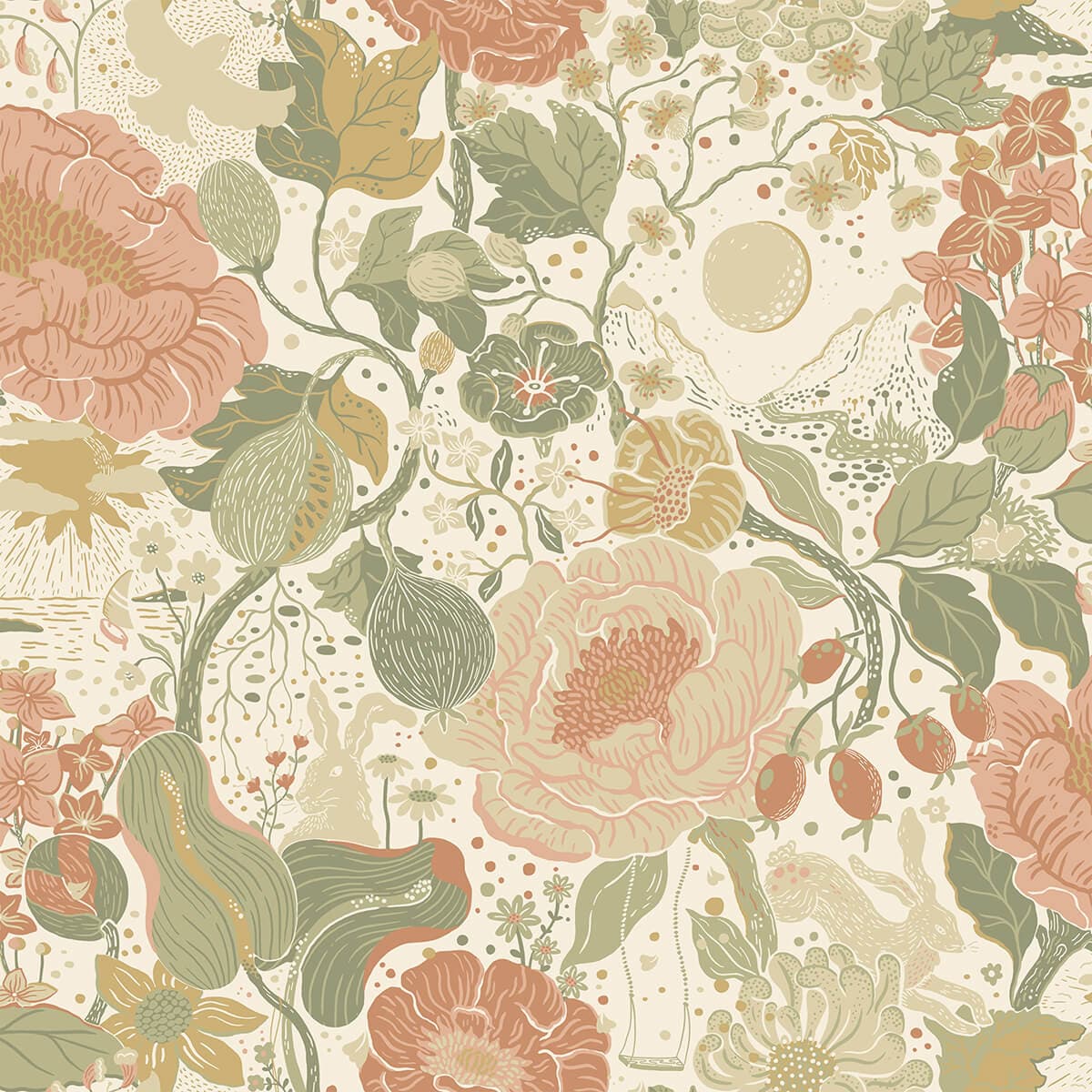 Växa Green Rabbits & Rosehips Wallpaper
