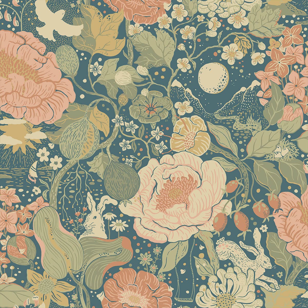 Växa Teal Rabbits & Rosehips Wallpaper
