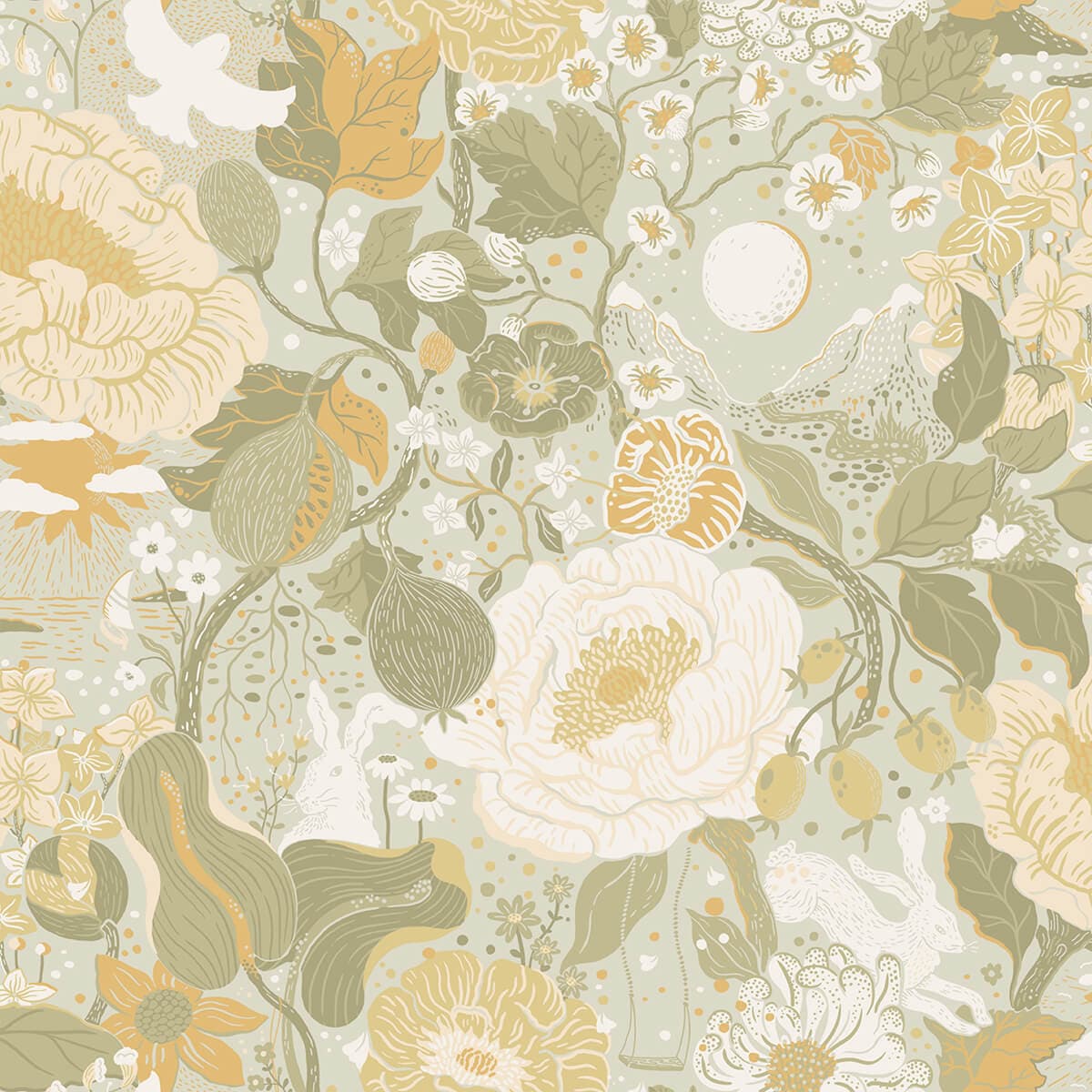 Växa Light Grey Rabbits & Rosehips Wallpaper