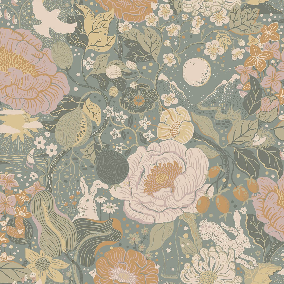 Växa Slate Rabbits & Rosehips Wallpaper