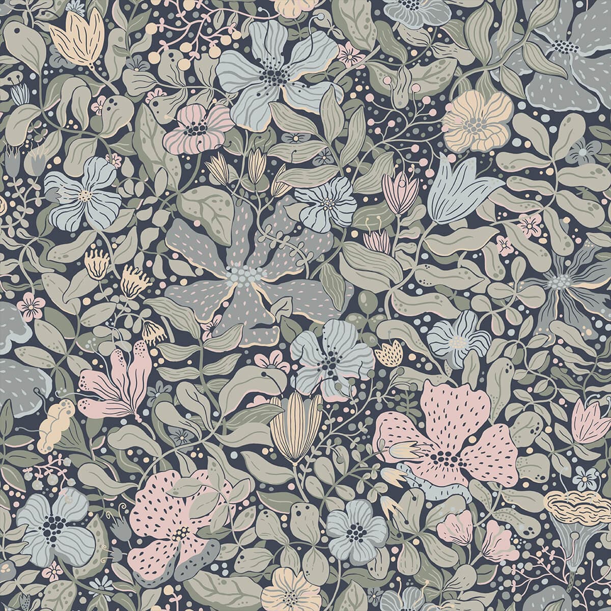 Midsommar Dark Blue Floral Medley Wallpaper