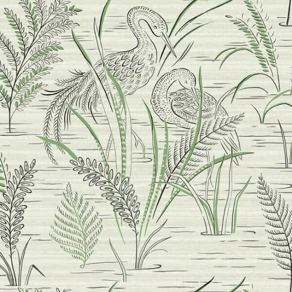 Fernwater Cranes Wallpaper- Black/Green