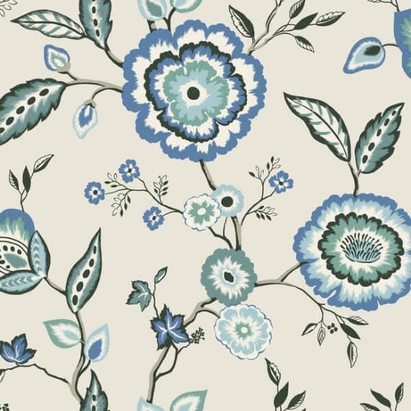 Dahlia Blooms Wallpaper- Dove/Cornflower