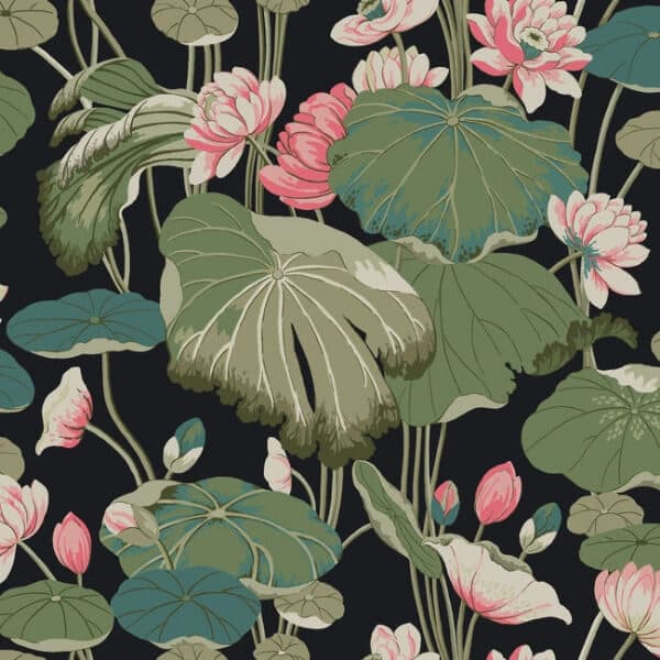 Lotus Pond Wallpaper- Midnight/Flamingo