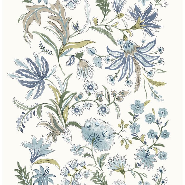 Teonna Blue Floral Stripe Wallpaper