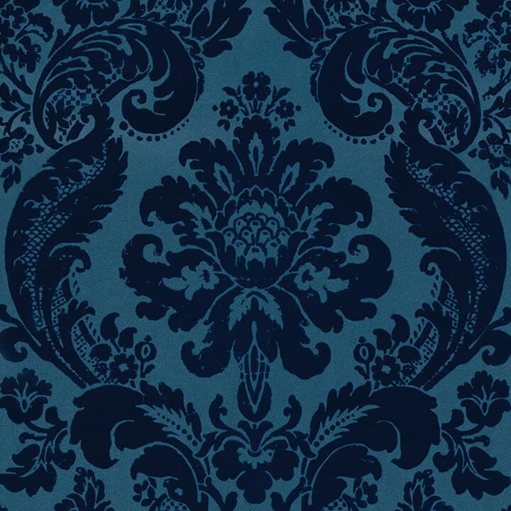 Shadow Blue Flocked Damask Wallpaper