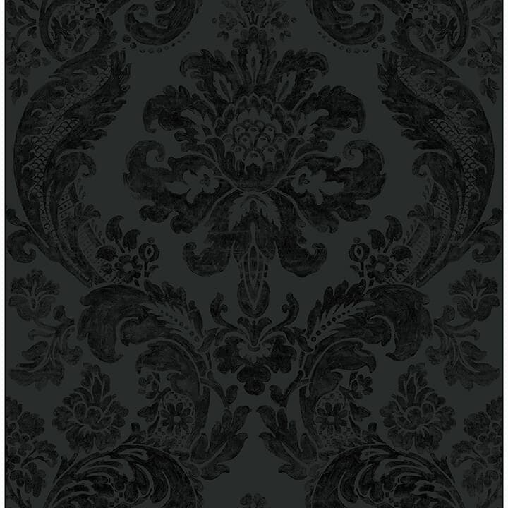 Shadow Black Flocked Damask Wallpaper