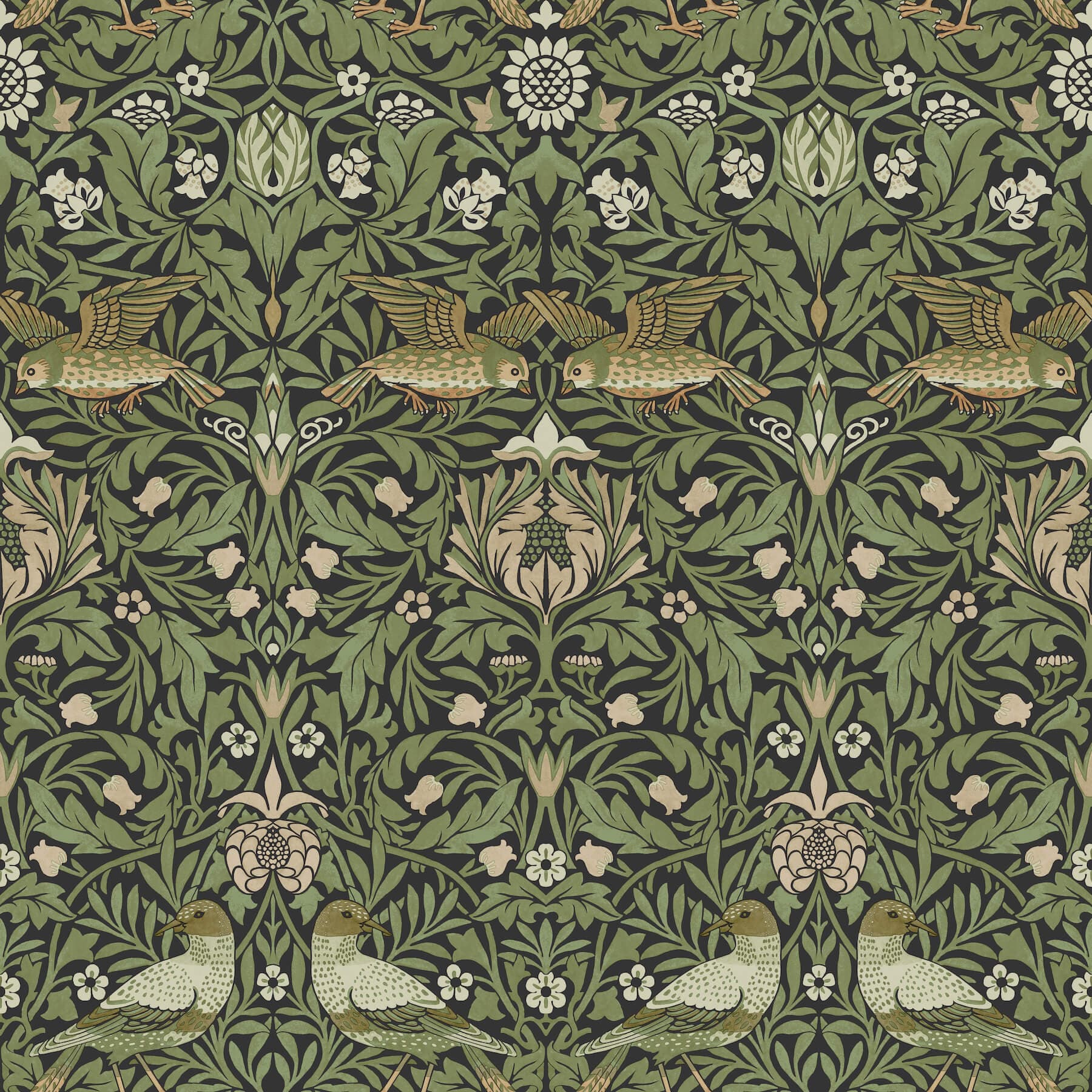 Bird Green Floral Thicket Wallpaper