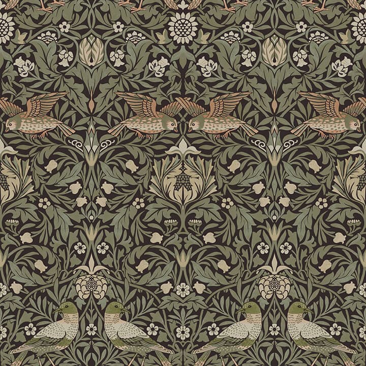 Bird Brown Floral Thicket Wallpaper