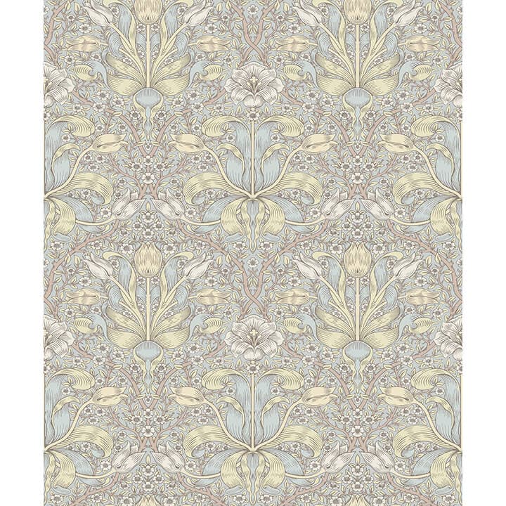 Spring Thicket Light Blue Tulip Damask Wallpaper