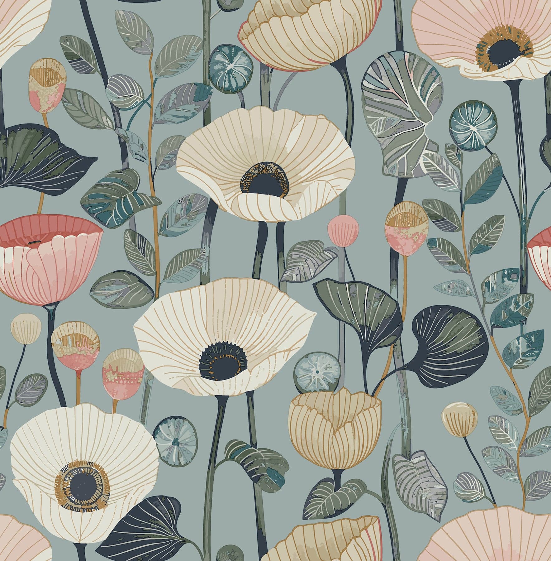 Mindra Floral Trail Blue/Pink Wallpaper