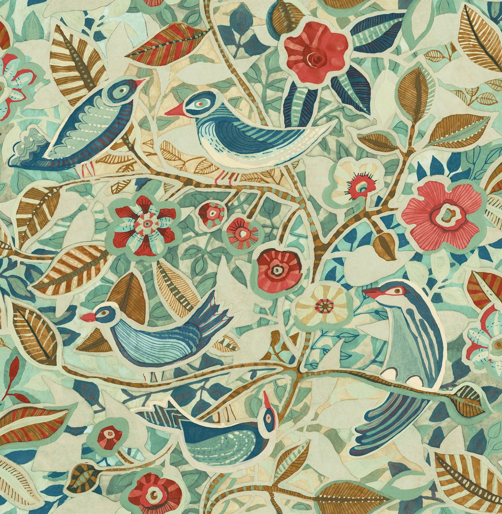 Manette Birds in the Bush Red/Blue Wallpaper