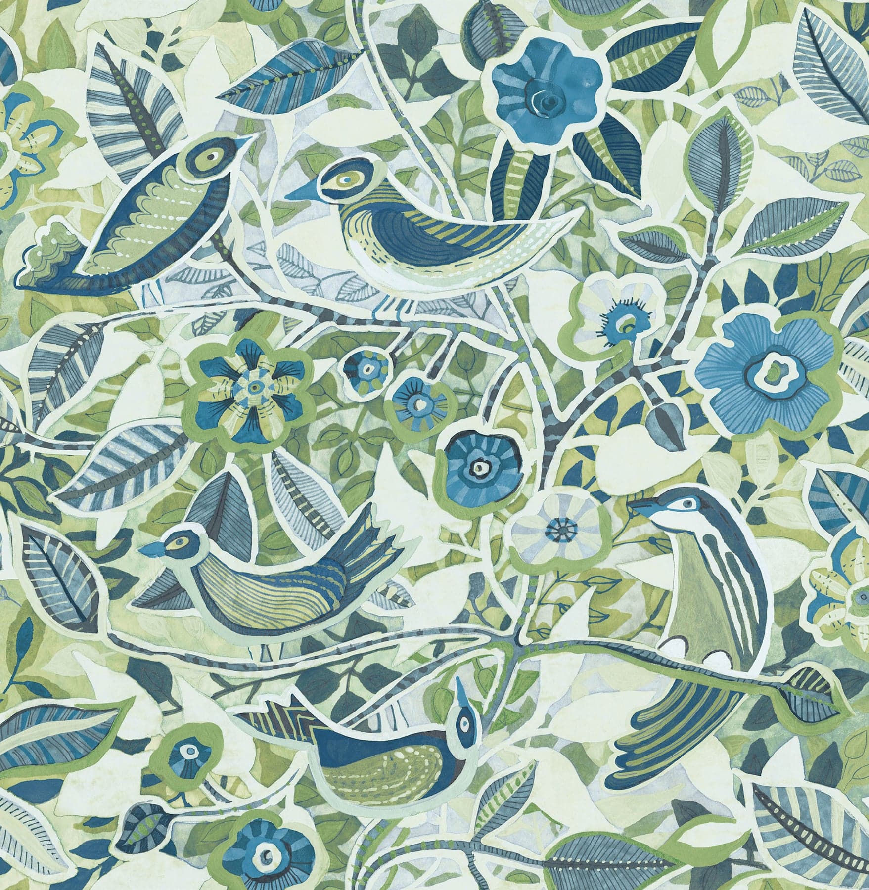 Manette Birds in the Bush Green/Blue Wallpaper