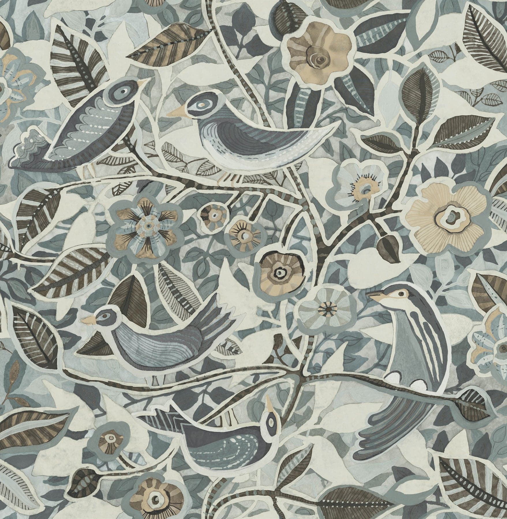 Manette Birds in the Bush Dark Tones Wallpaper
