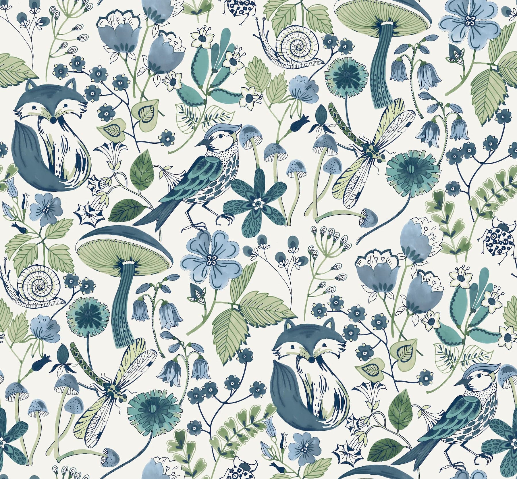 Wonder Woodland Animals Blue Green Wallpaper