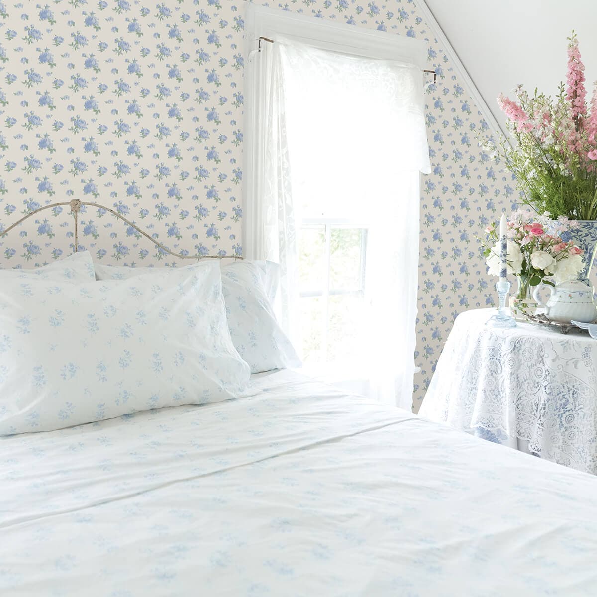 Ikat Rose Blue Small Print Wallpaper