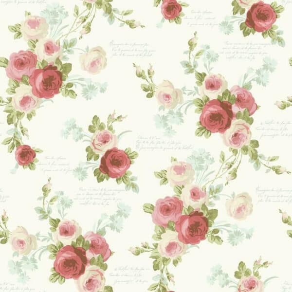 Heirloom Rose Wallpaper- Coral/Light Blue