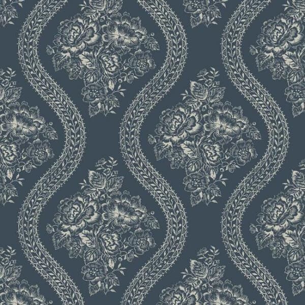 Coverlet Floral Wallpaper- Taupe On Navy
