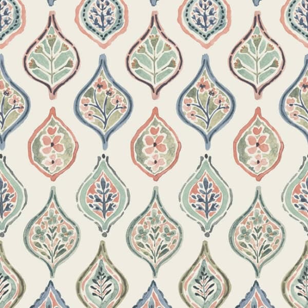 Marketplace Motif Wallpaper- Almond/Mint/Apricot