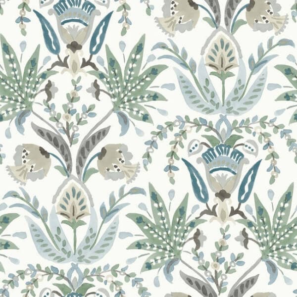 Seaside Jacobean Wallpaper- White/Green/Blue