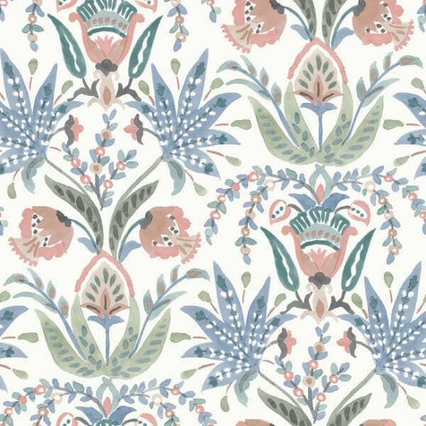 Seaside Jacobean Wallpaper- White/Pink/Blue