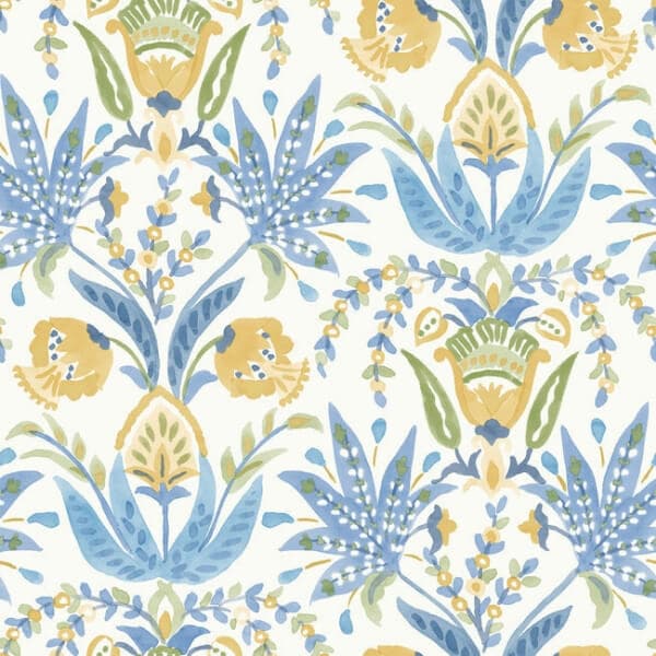 Seaside Jacobean Wallpaper- White/Yellow/Blue
