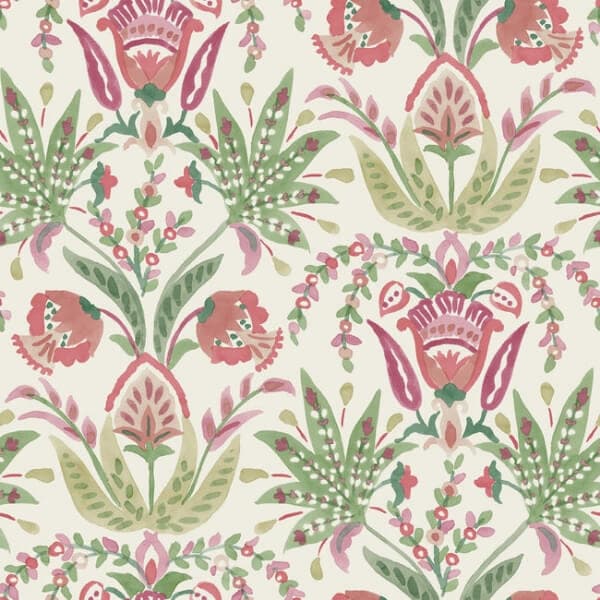 Seaside Jacobean Wallpaper- Beige/Green/Red