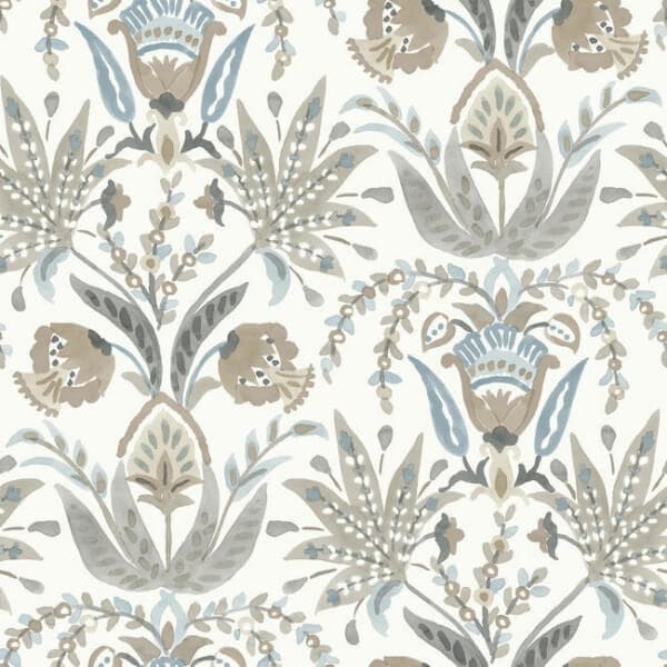 Seaside Jacobean Wallpaper- White/Taupe/Blue