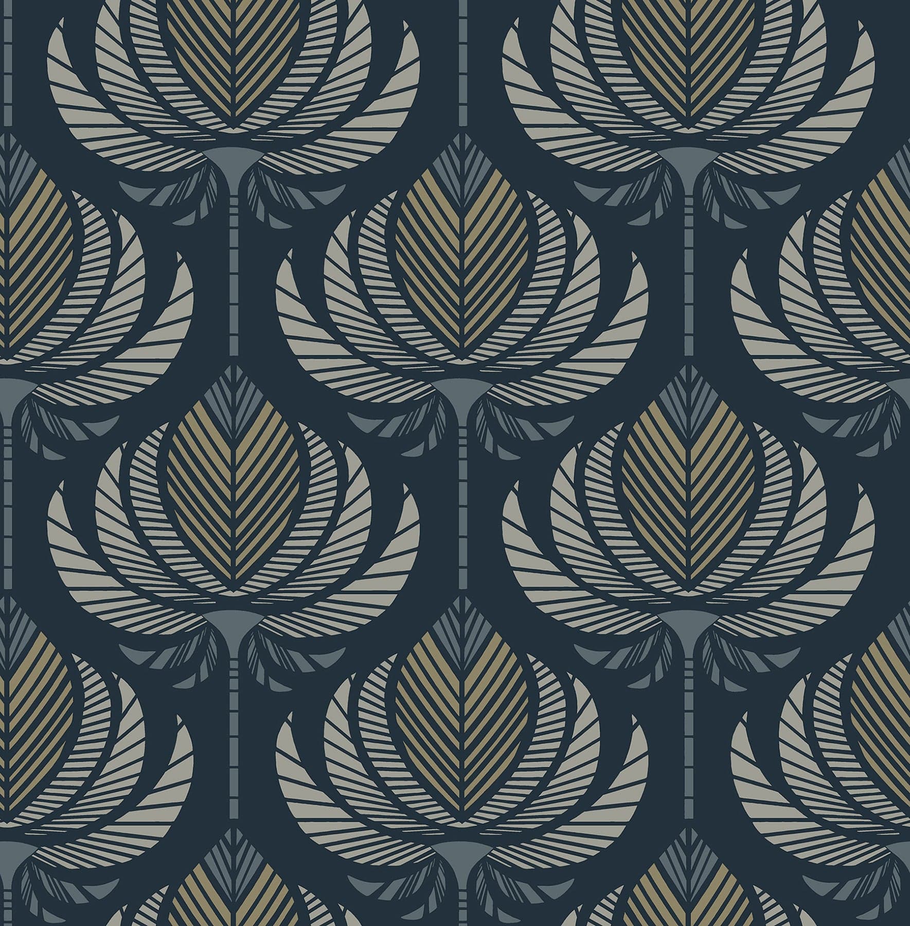 Ferrenby Floral Fan Dark Blue Wallpaper