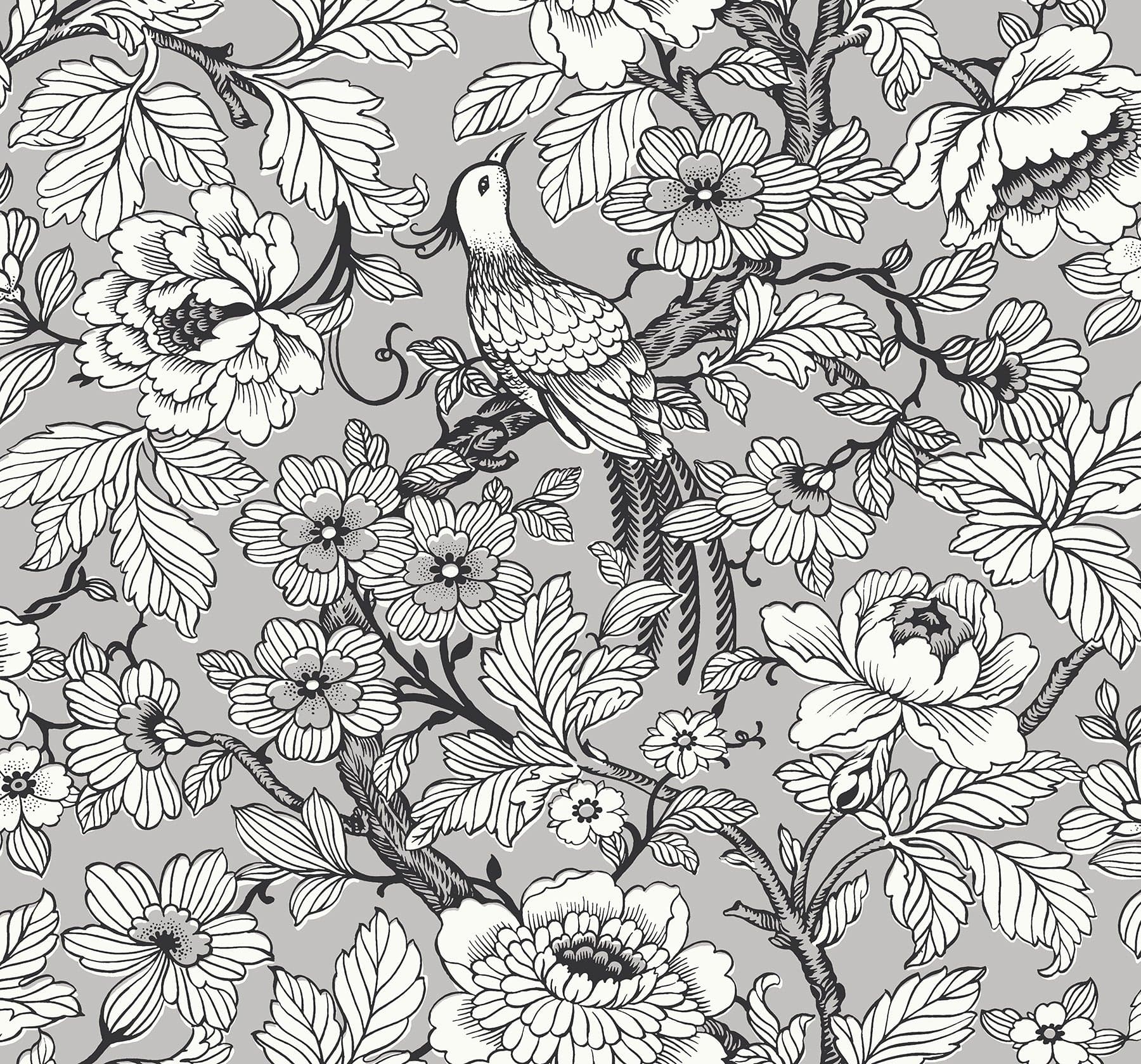Beaufort Peony Chinoiserie Silver Wallpaper