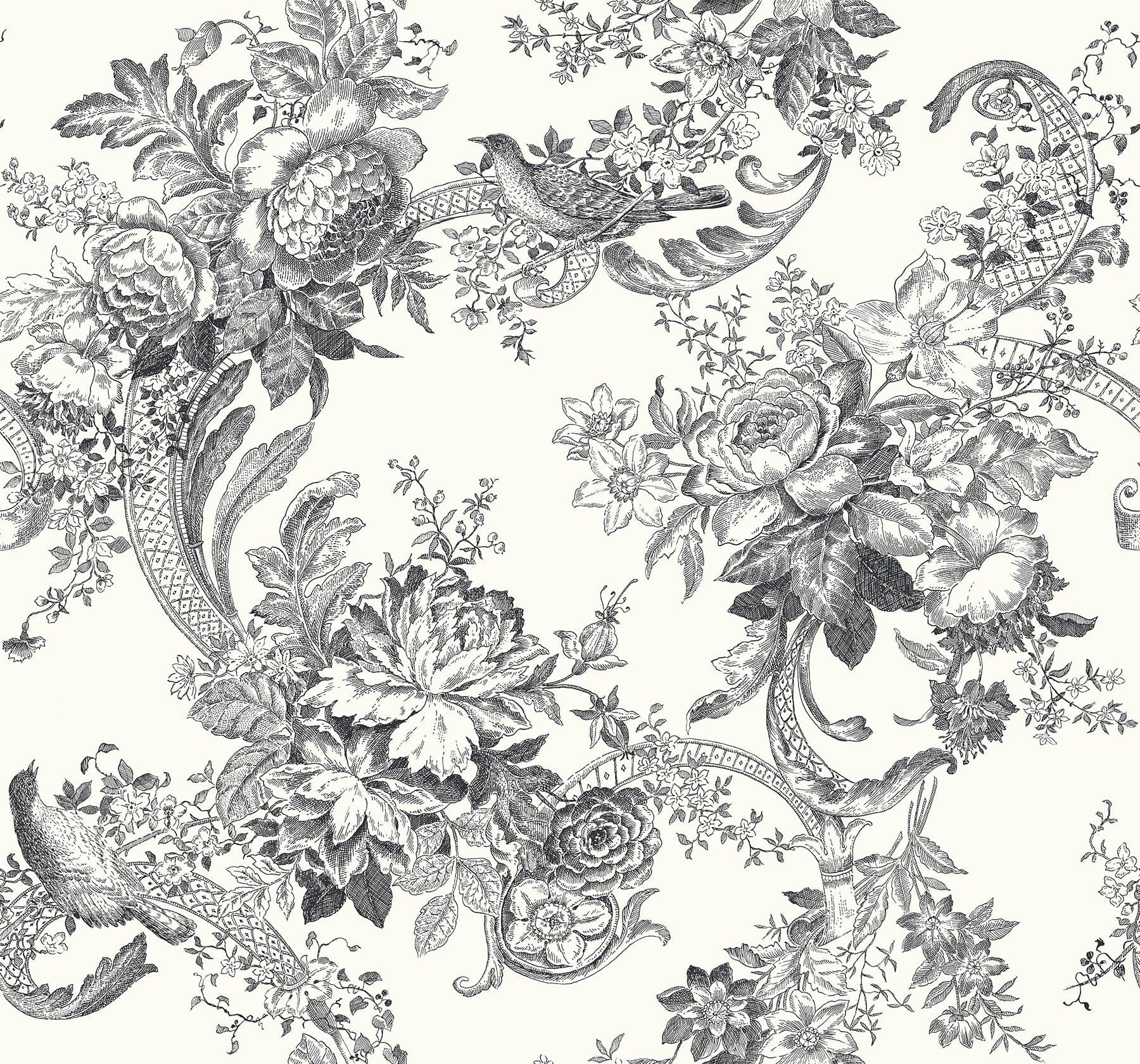 Carmel Baroque Florals Black Wallpaper