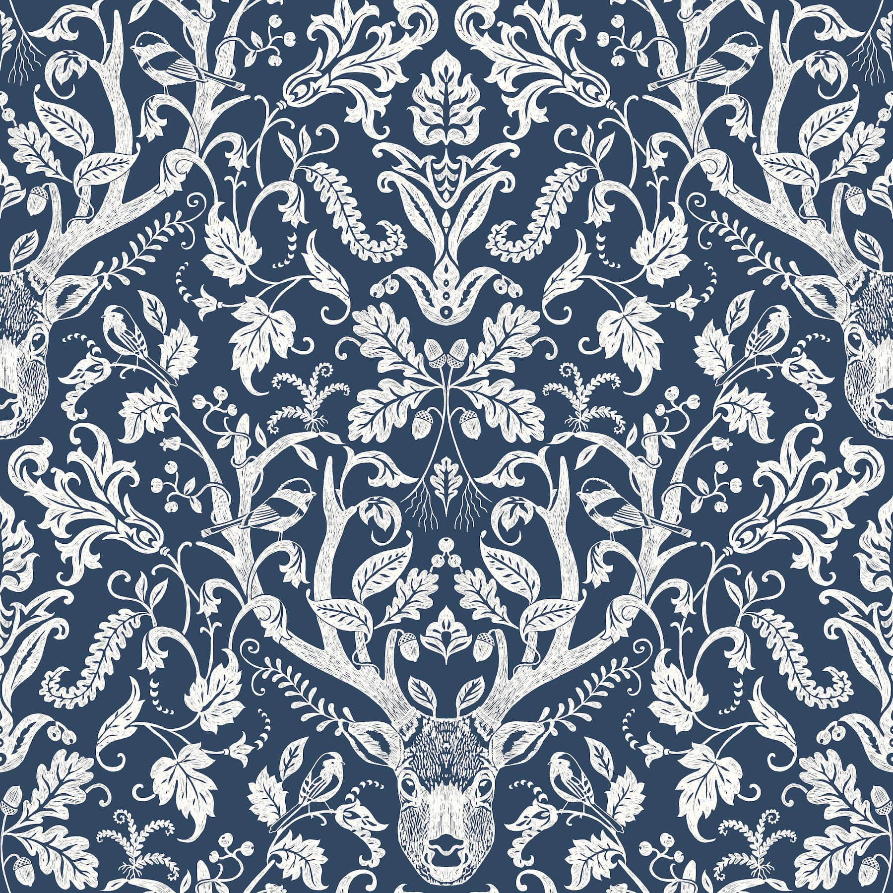 Kiwassa Navy Antler Damask Wallpaper
